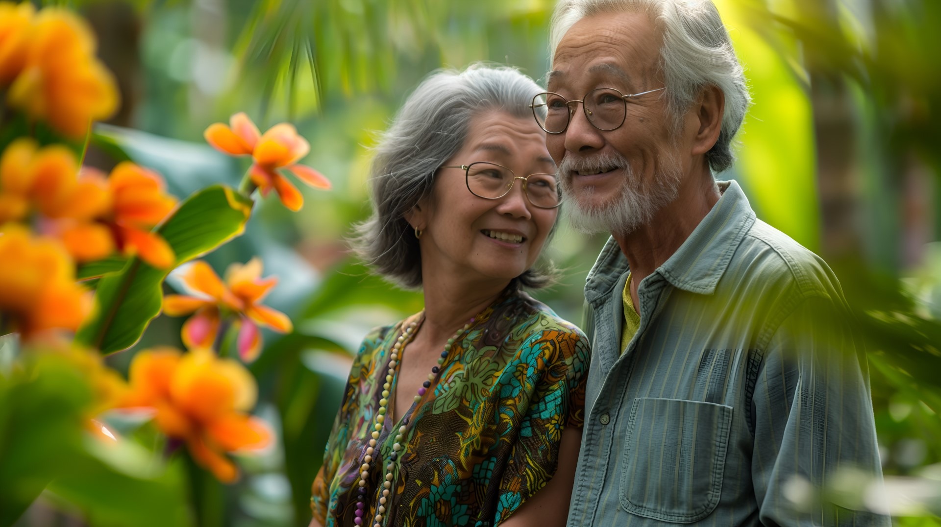 Elderly chinese couple visiting a botanical garden, admiring exotic plants and flowers.