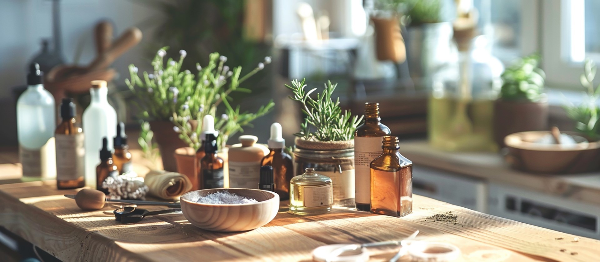 Herbal gathering on top of a wooden kitchen island