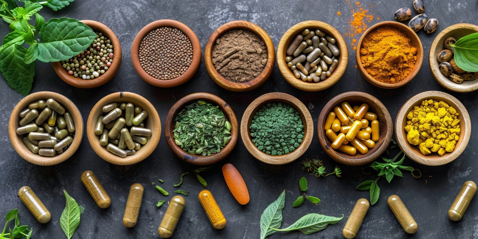 Traditional Chinese herbal medicine selection on wooden background.